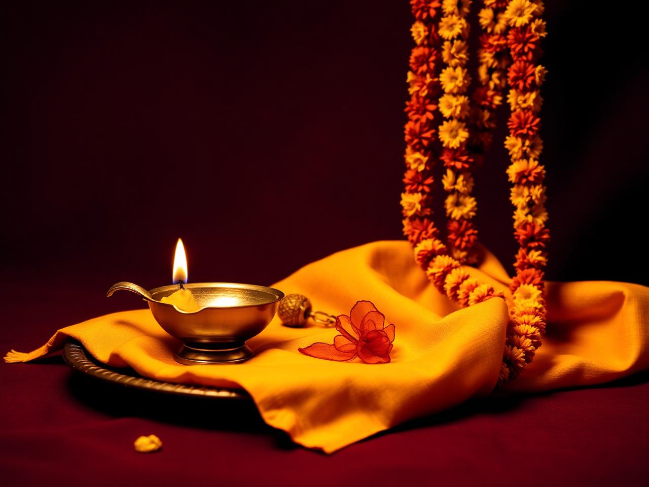 Brass diya lamp with marigold garlands on saffron cloth
